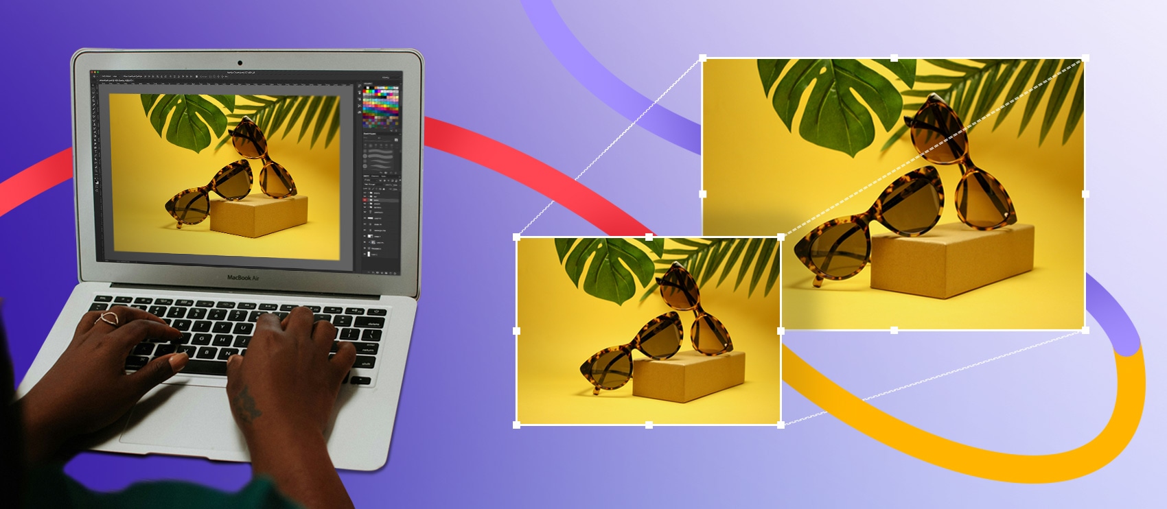 Hands editing a product photo of tortoiseshell sunglasses on a yellow background in Adobe Photoshop, with clipping path and background refinement displayed on a MacBook screen. Path-style digital curves in red, purple, and yellow overlay the background.