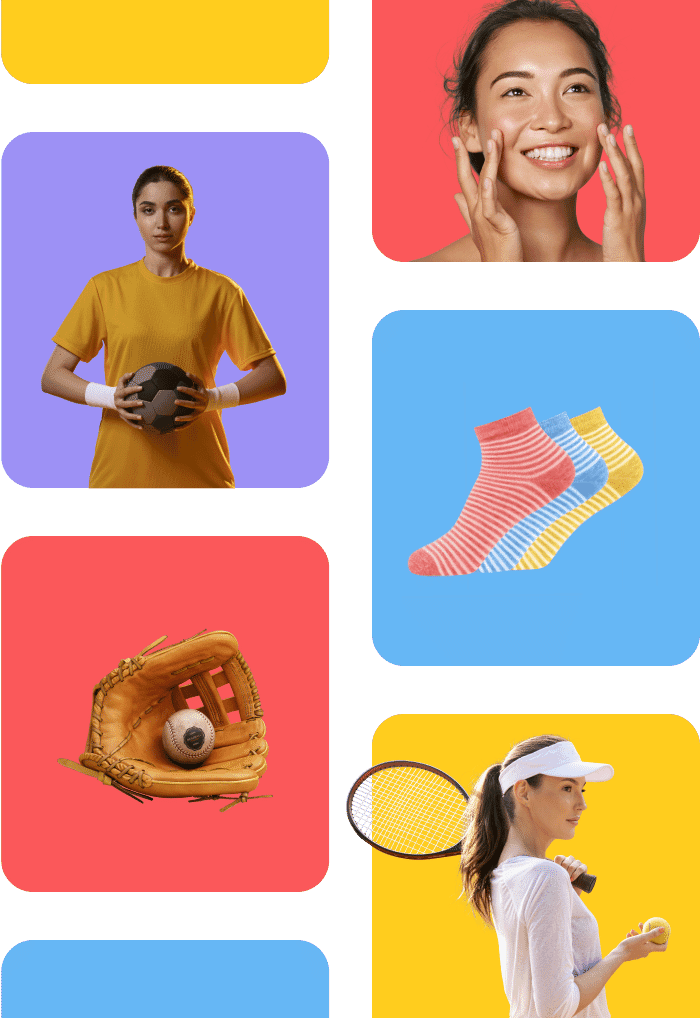 Collage featuring a soccer player, socks, baseball glove, and tennis player, showcasing diverse bulk photo editing services.