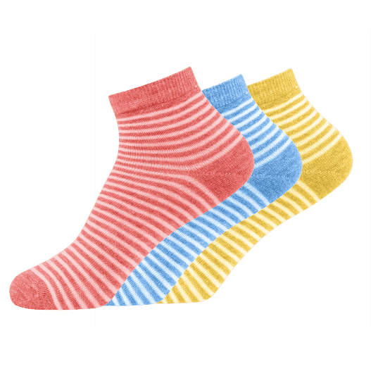 Striped socks in red, blue, and yellow with seamless color changes for product display. Edited.
