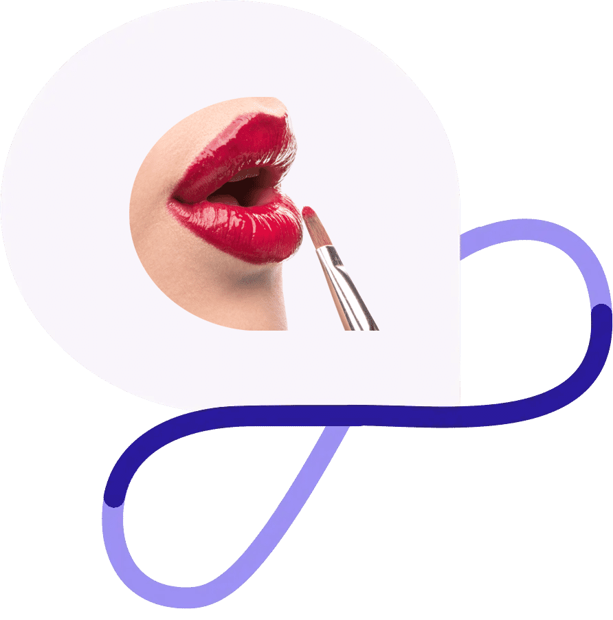 Close-up of red glossy lips with a brush applying color, professionally retouched for flawless beauty presentation.