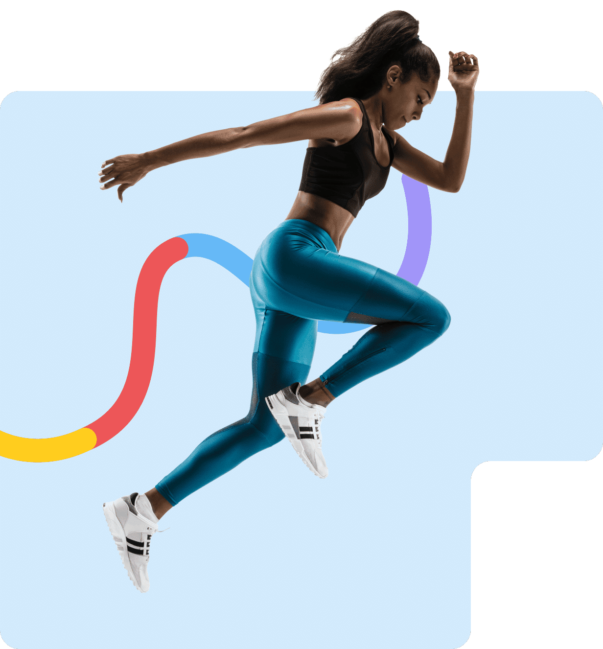 Female athlete in mid-air sprint, showcasing precise sports photo editing with enhanced clarity and dynamic composition.