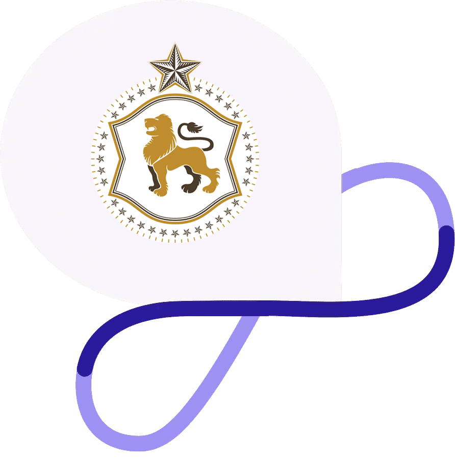 Gold lion emblem on a shield surrounded by stars with a bold star at the top, vector-converted for clean edges.
